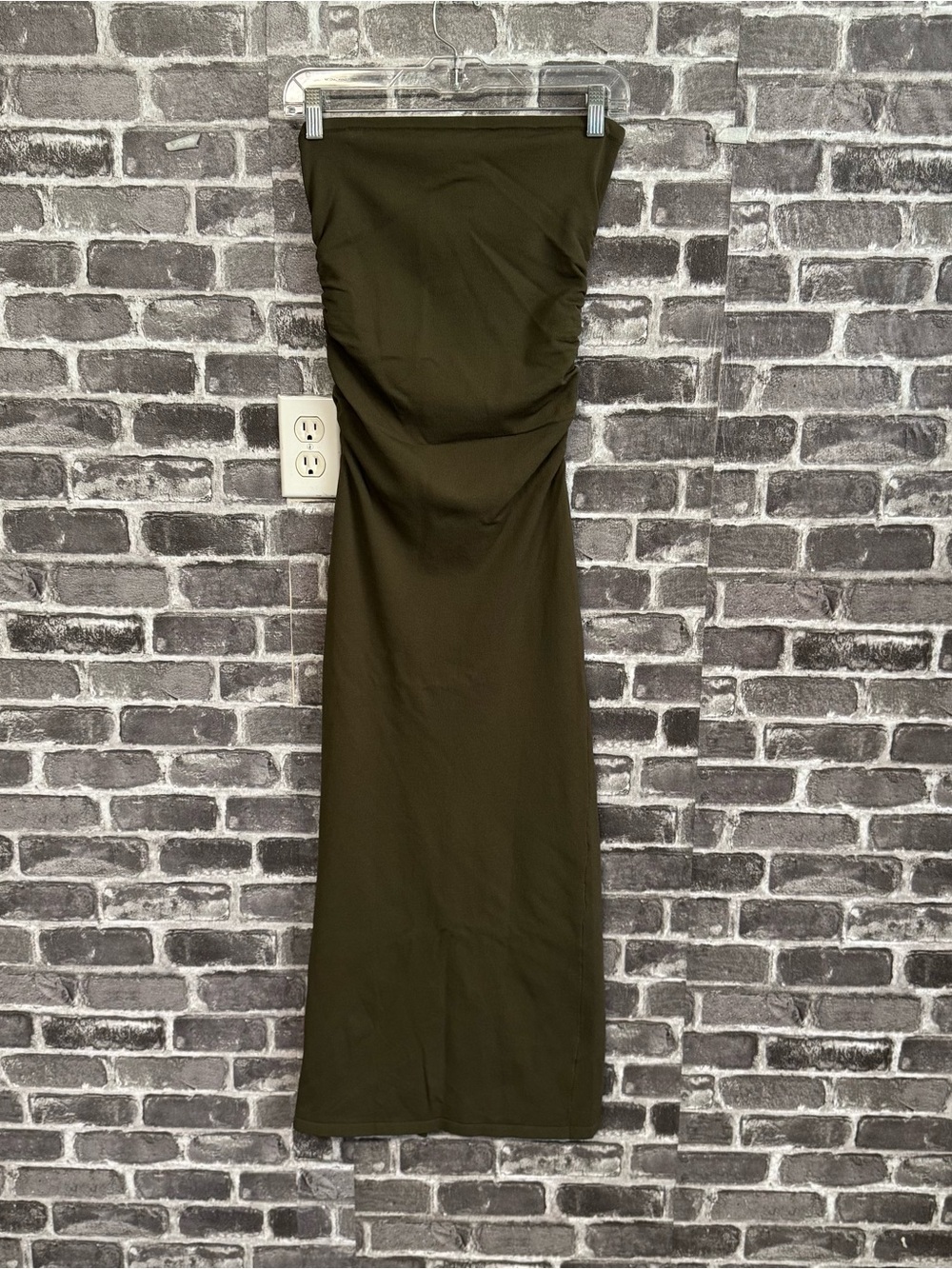 Dissh strapless midi dress Olive green bodycon slit ribbed